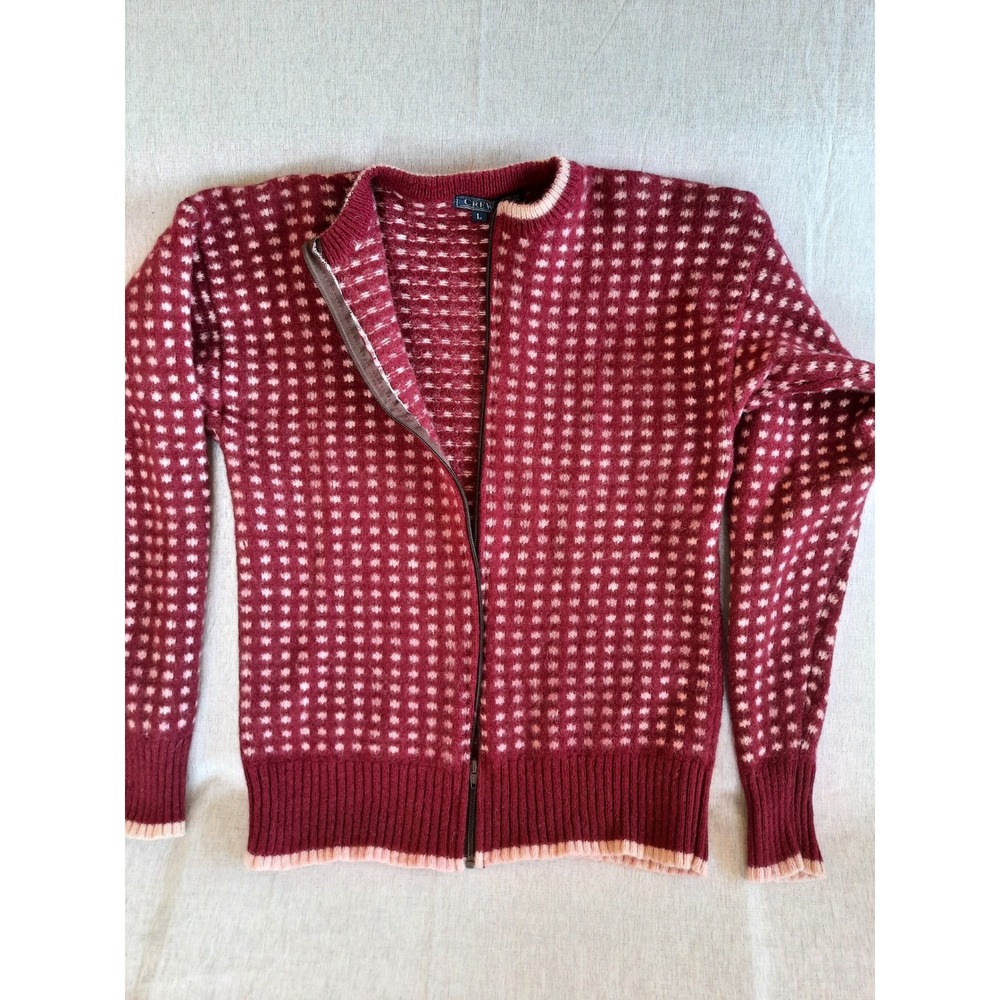CREW Womens Large Geo Knit Zip-Up Cardigan Stretch Sweater Long Sleeve Pure Wool
